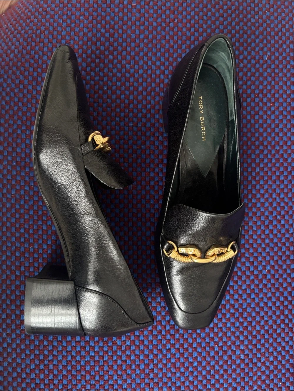 Tory Burch Black Leather Loafers with Gold Chain Detail